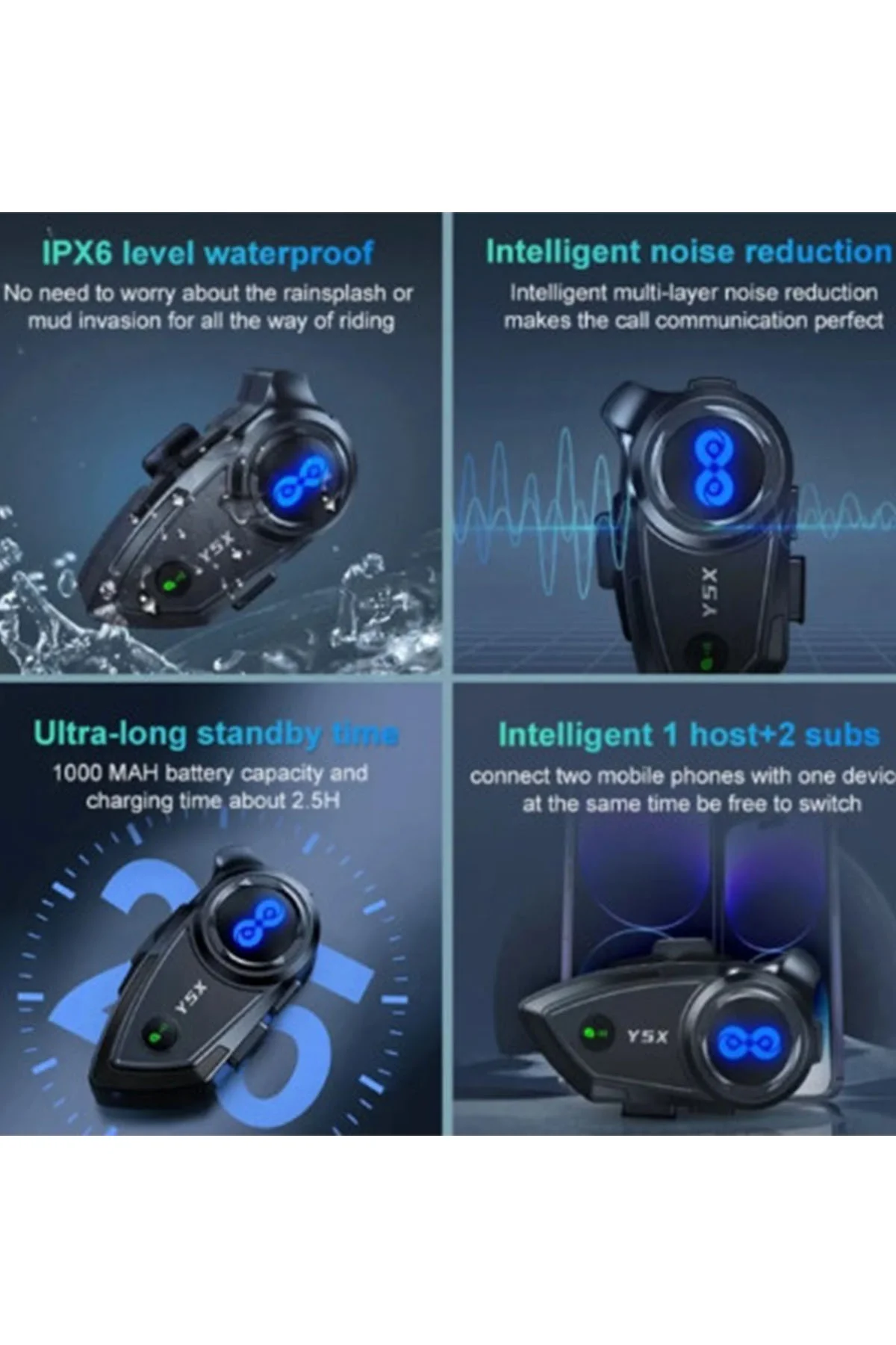 Y5X RGB Işıklı Intercom 5 Kişi Bağlantılı 1000mAh Motosiklet Bluetooth Kulaklık Seti görsel 3