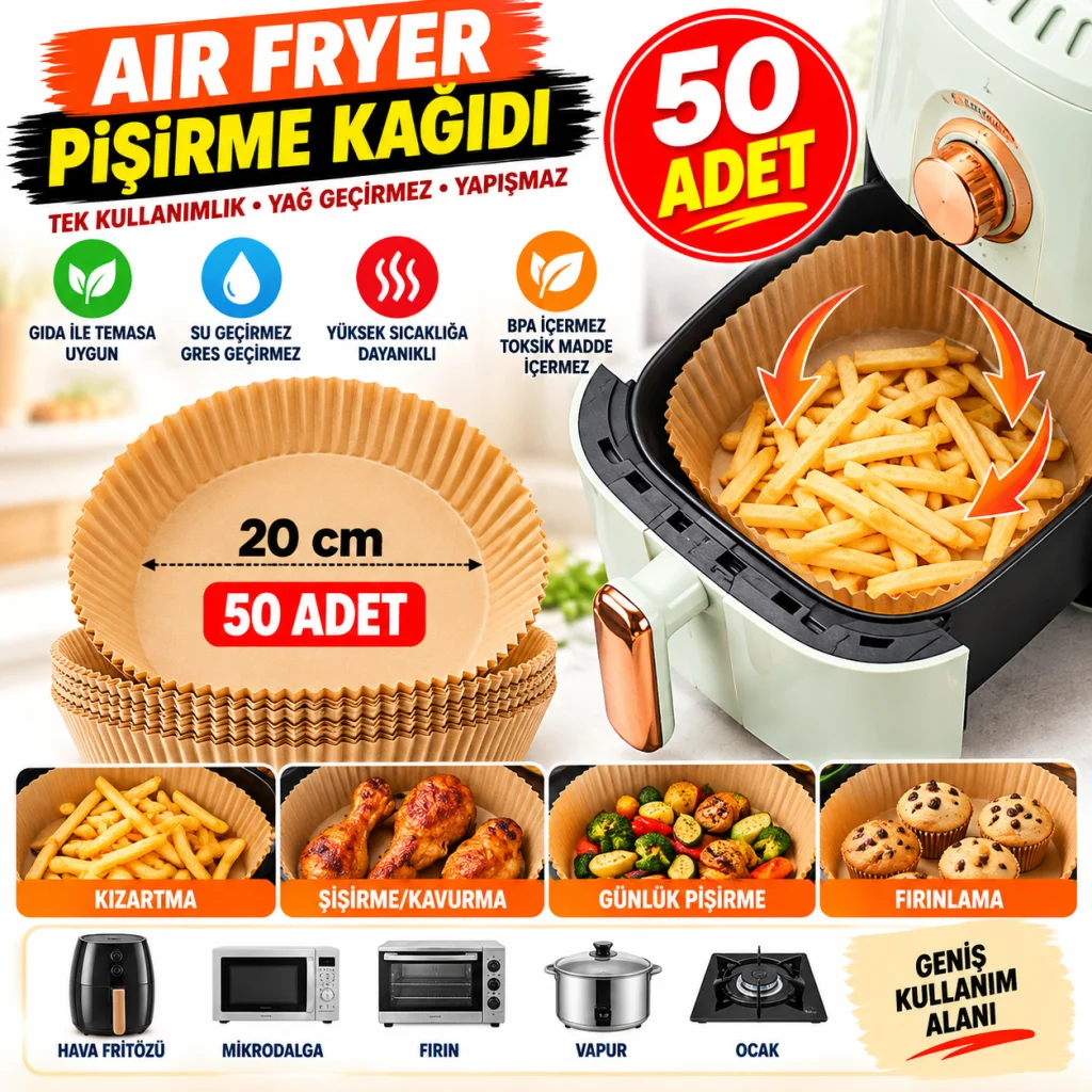 50 Adet 20 cm Air Fryer Pişirme Kağıdı Tek Kullanımlık Yağ Geçirmez Yuvarlak Tabak Model PVC