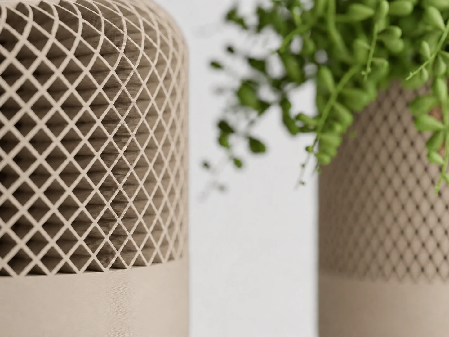 3D Baskı Modern File Desenli Dekoratif Saksı - Minimal Çiçek Saksısı, Ev ve Ofis Bitki Saksısı-Bej görsel 2