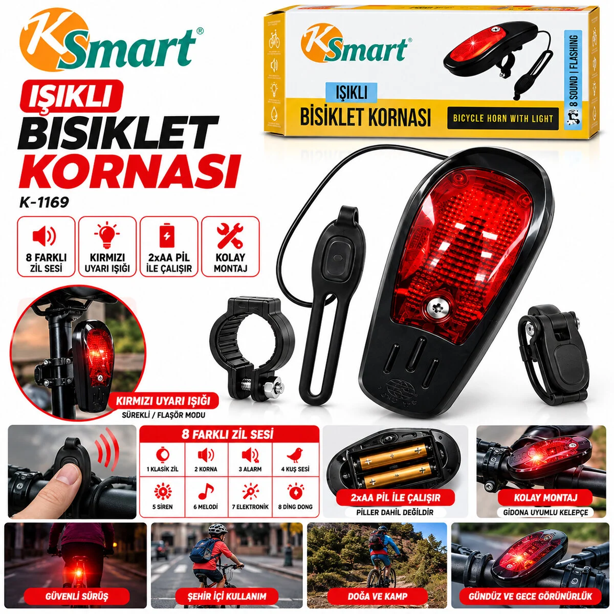 Bisiklet Kornası - Zil Işıklı 2XAA Pil 8 Fonksiyon Zil K-1169 görsel 2