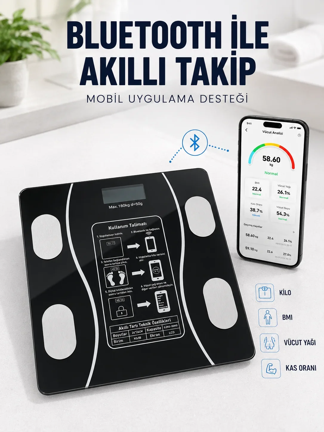 Akıllı Cam Baskül Bluetooth Mobil Uygulamalı Vücut iz Tartısı 180 Kg LCD Ekran