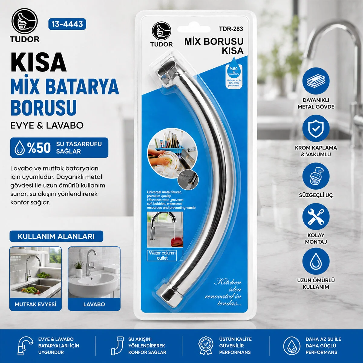 Kuğu Evye - Lavabo Kısa x Batarya Borusu Krom Kaplama - Vakumlu - Süzgeçli Uç