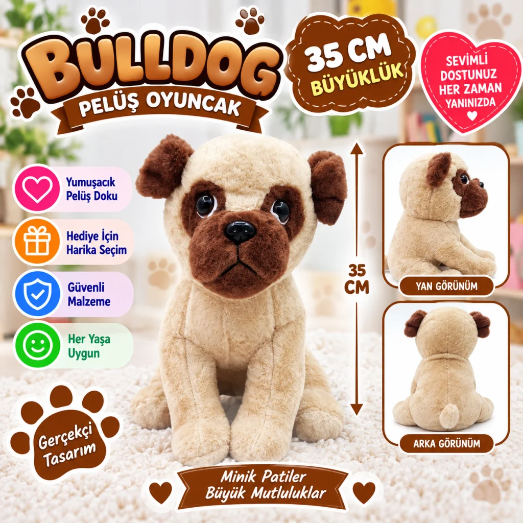 62566 Peluş Buldog Köpek 35 cm (adet fiyatıdır) görsel 3