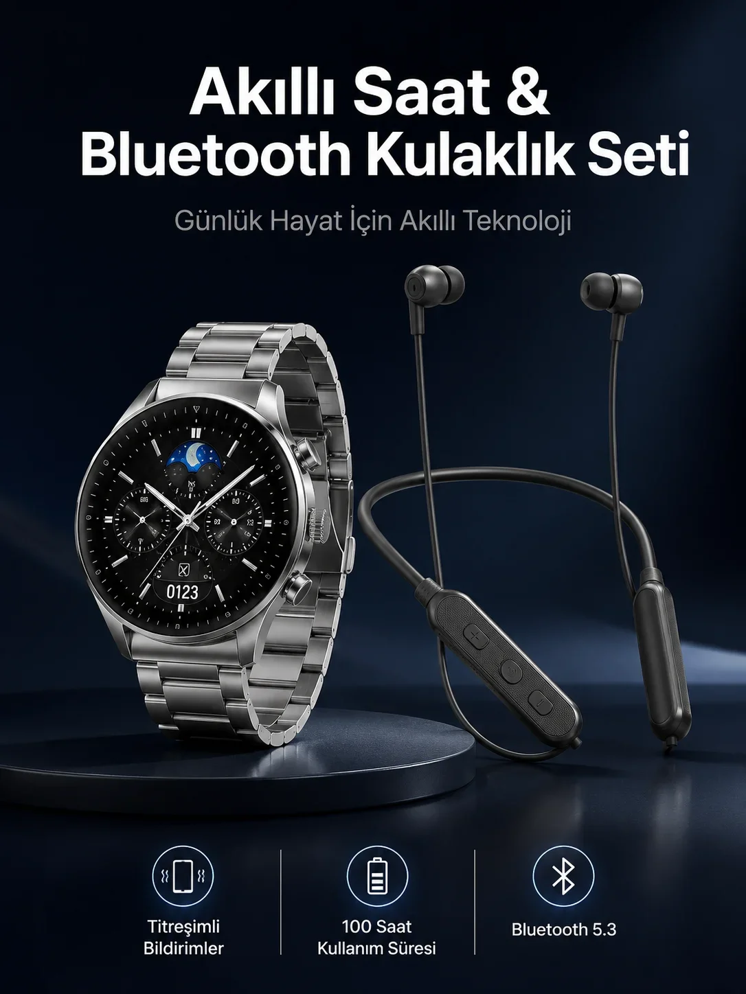Alarm ve Titreşim Özellikli Akıllı Saat ve krofonlu Kablolu Bluetooth Kulaklık 60 Saat