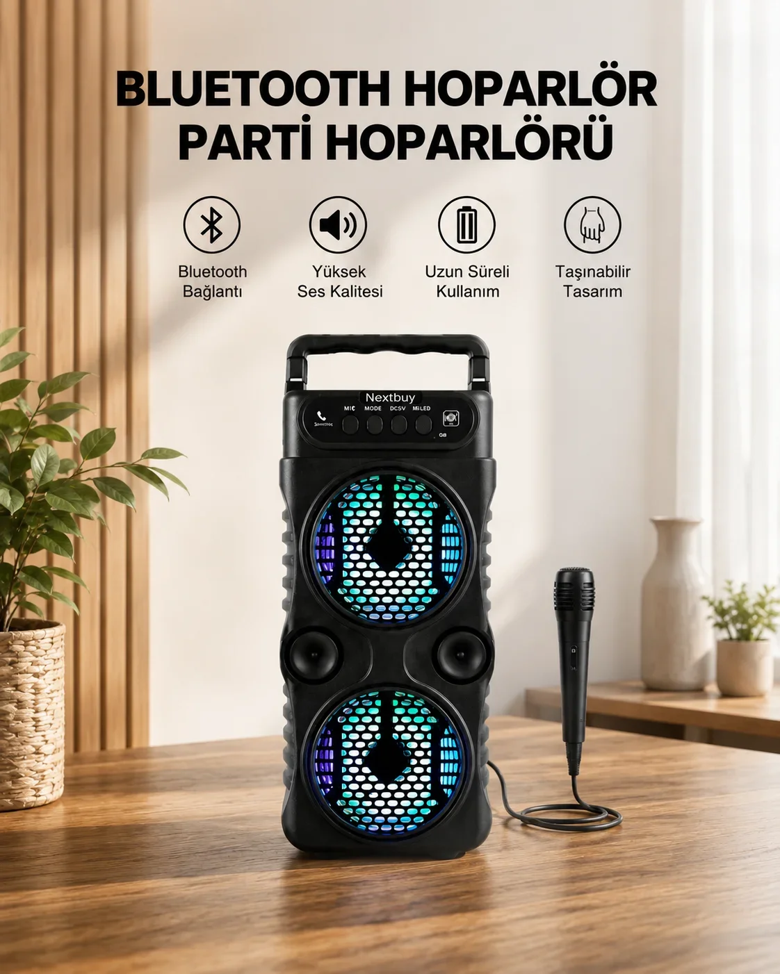 LED Işıklı Bluetoothlu Hoparlör krofonlu Taşınabilir Ses Siste