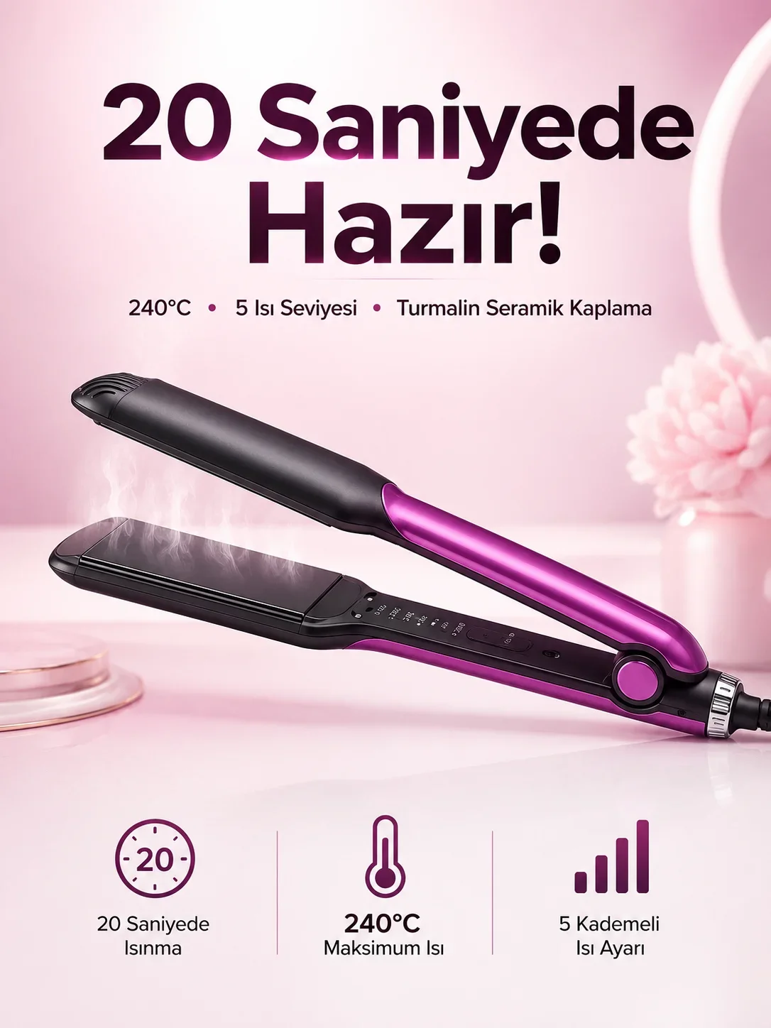 Saç Düzleştirici Isı Ayarlı Serak Kaplama Döner Kablo Yıpranma Karşıtı