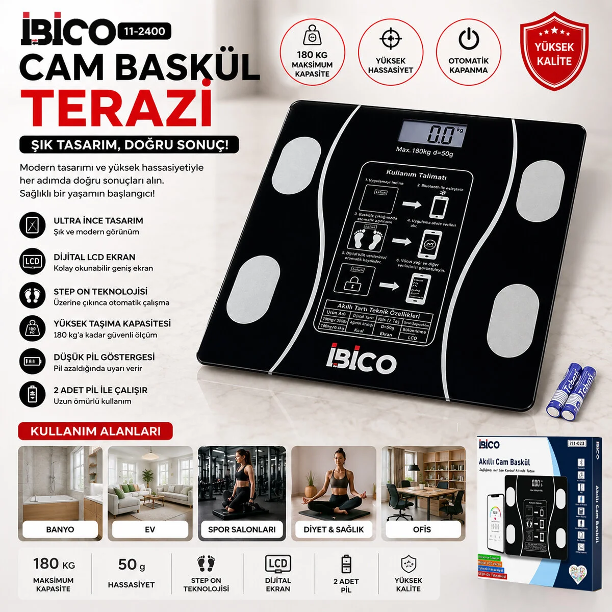 Bluetooth - Vücut izli Dijital Baskül Terazi Tartı 180KG/50G Yağ - Su - Kas Oran - Bmı İ11-023 görsel 2