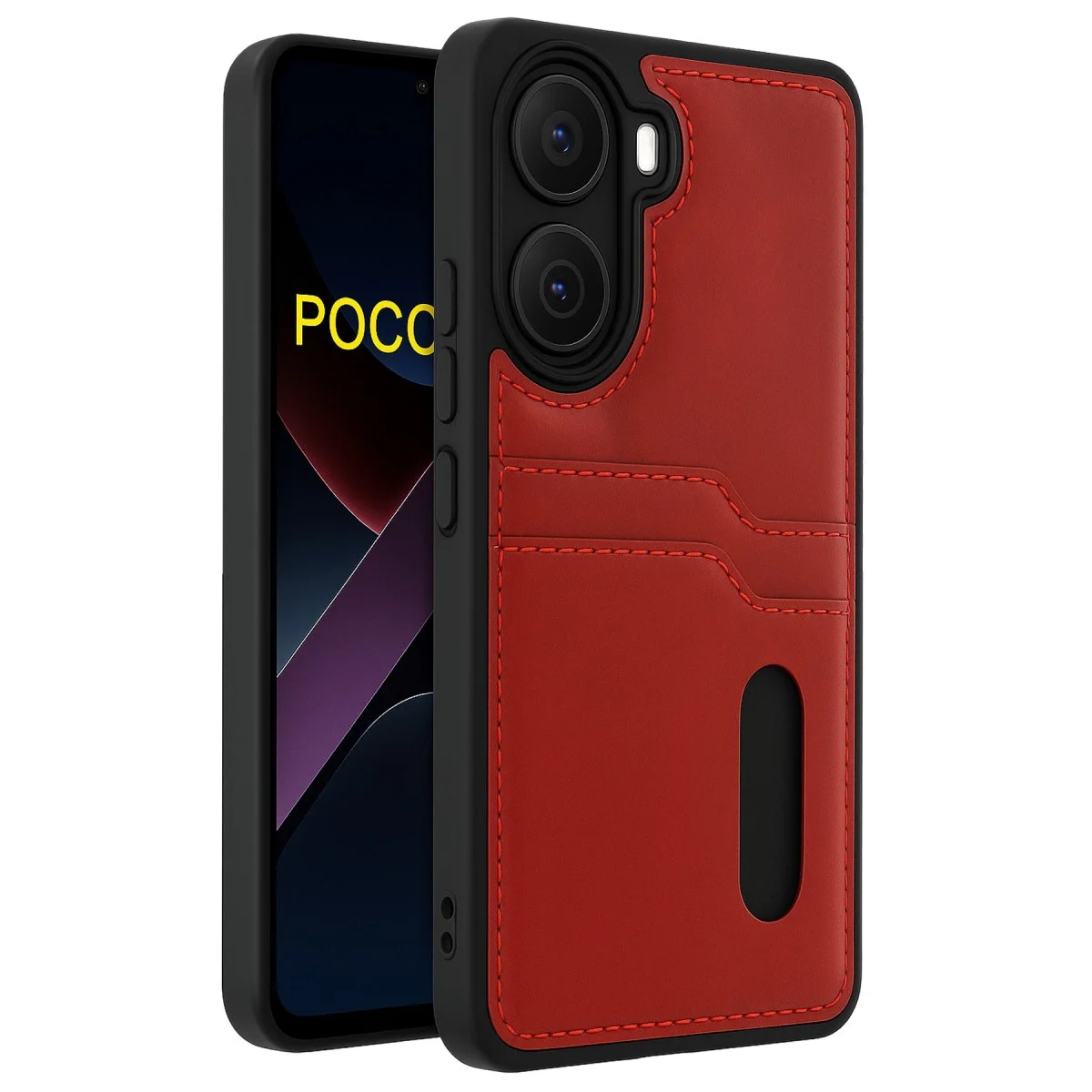 Xiao Poco X7 Pro Kılıf Sara Kartvizitli Deri Kılıf - Kırmızı