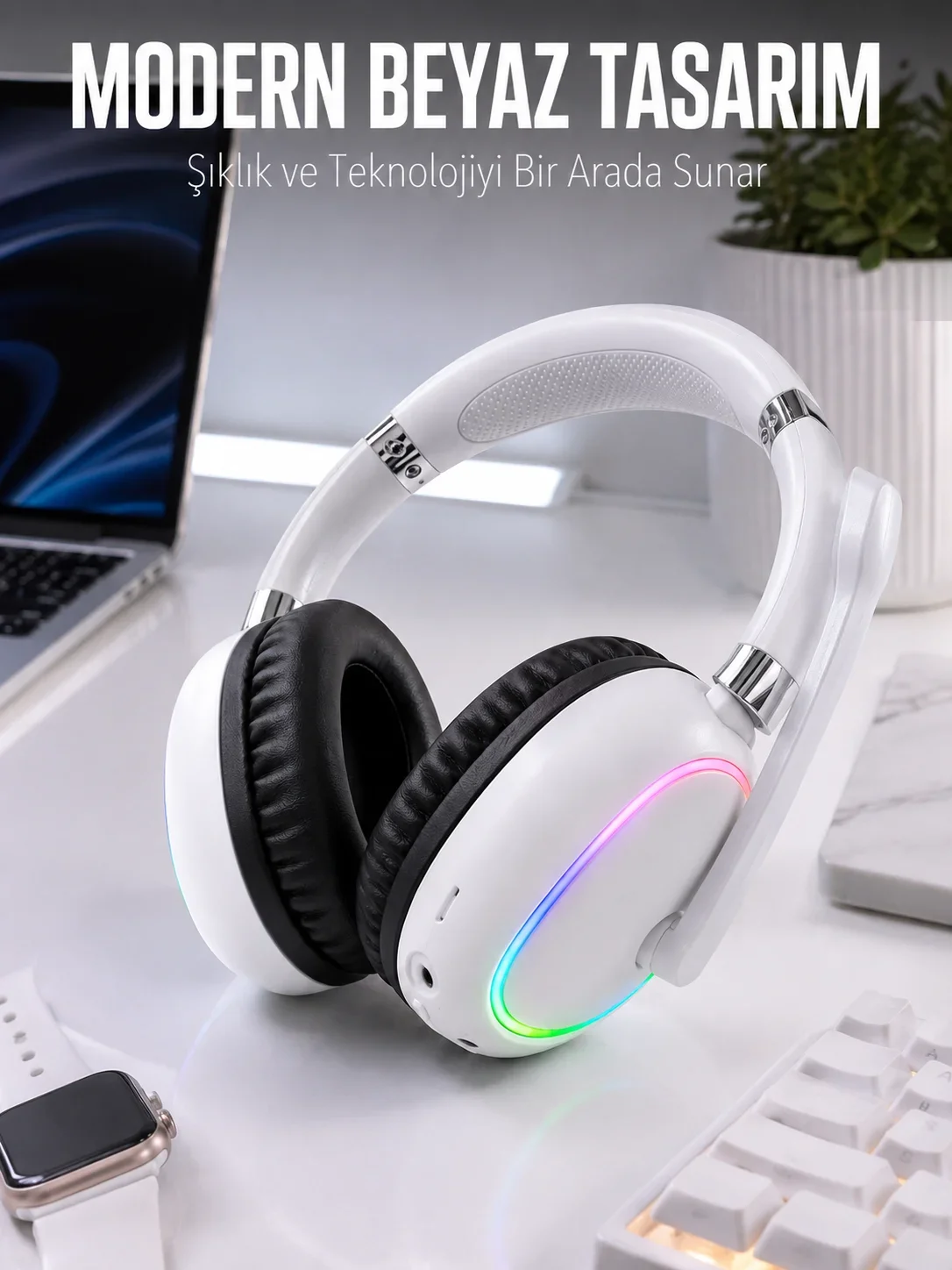Kablosuz Bluetooth Mikrofonlu Beyaz Kulaklık RGB Işıklı