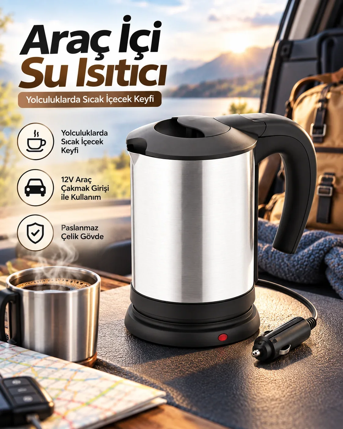Otomobilde Kullanıma Uygun 12V Çakmak Soketli Paslanmaz Çelik Pratik Su Isıtıcı Kettle
