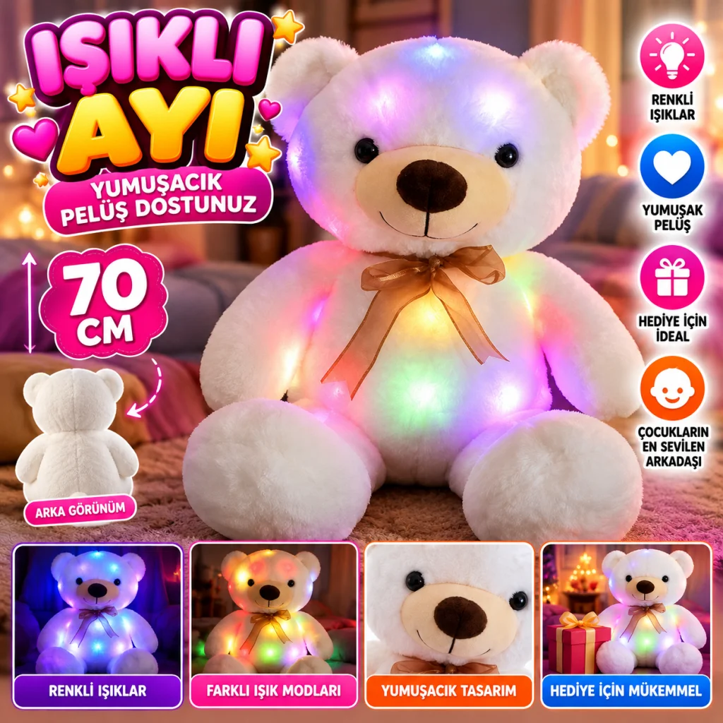 1047 Işıklı Ayı 70 Cm-beyaz
