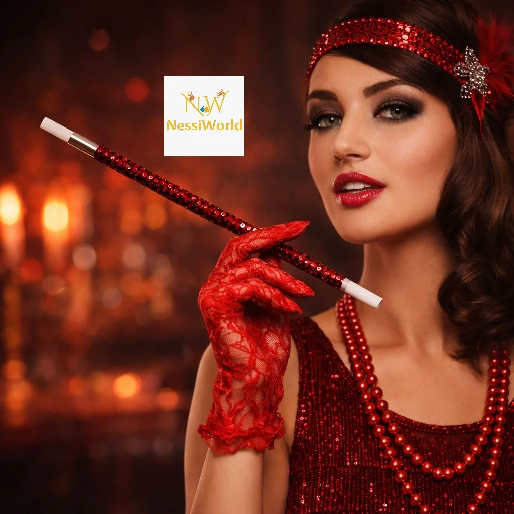 30 cm Kırmızı Payetli Sigara Tutacağı – 1920’ler Gatsby Parti Aksesuarı görsel 3