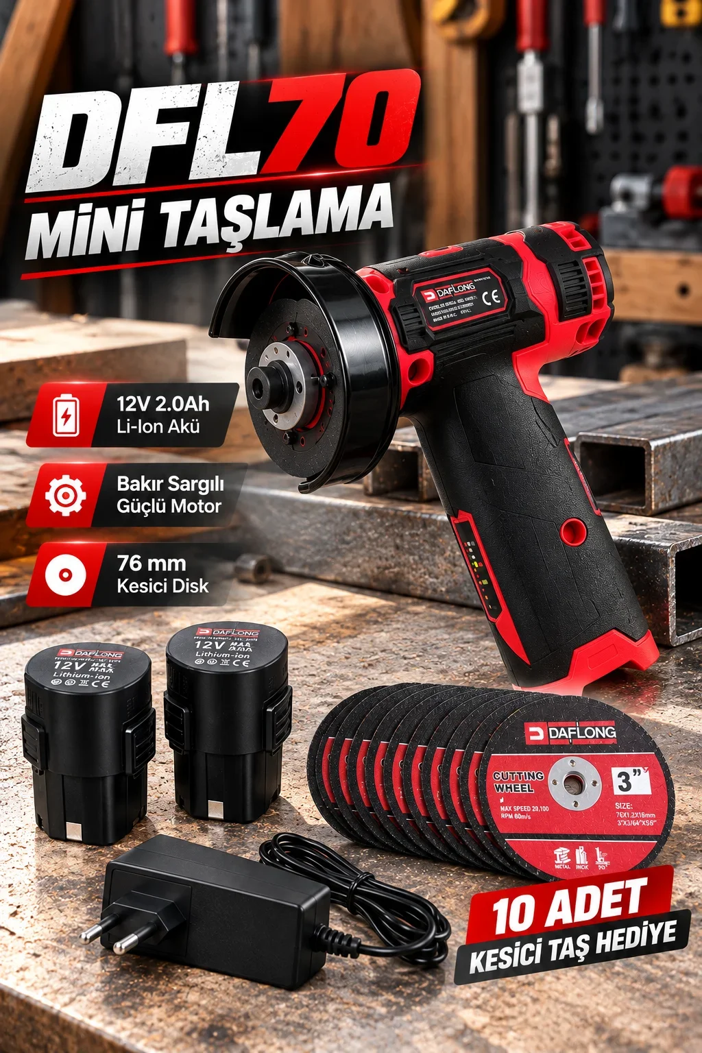 DFL70 12V 2.0Ah Çift Akülü Mini Taşlama Makinesi 76 mm Kesici Disk 10 Adet Taş Hediyeli