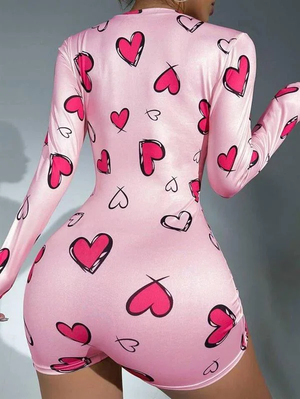 Pamuklu Pembe Kalp Desenli Düğmeli Uzun Kol Tulum Pijama görseli