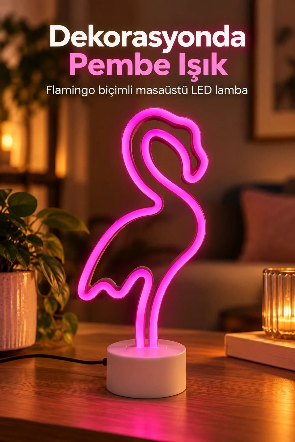 Flamingo Neon Lamba Beyaz Gövdeli Yuvarlak Tabanlı görsel 2