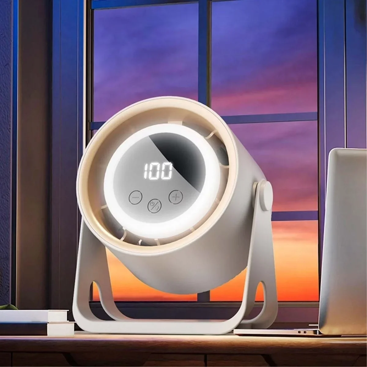 6 Kademeli Şarjlı Masaüstü Fan – Dijital LED Ekranlı, Oynar Başlıklı, LED Işıklı, Askılı ve Duvara Monte Edilebilir Fan K6