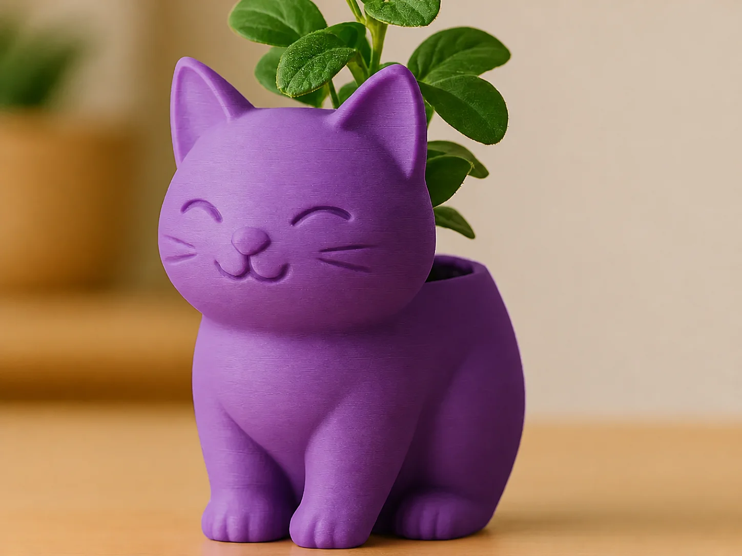 3D Baskı Sevimli Kedi Saksı - Figürlü Sukulent Saksısı-Mor