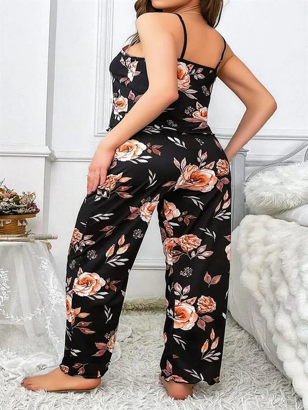 Büyük Beden Siyah Üstüne Çiçek Desenli İnce Askılı 2'li Pijama Takımı görsel 3