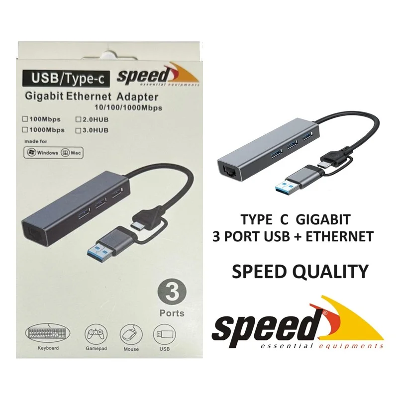SP-UET01 USB3.0/TYPE-C 3 Port Usb 3.0 Çoklayıcı Gıgabıt Ethernet Dönüştürücü