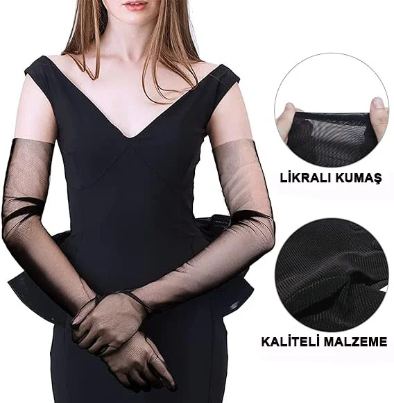 Uzun Boy Likralı Siyah Renk Yetişkin Mega Tül Eldiven 53 cm görsel 4