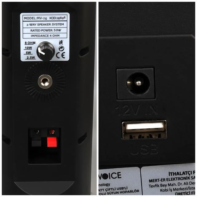 MagicVoice MV-26 2x7.5 CM 50 Watt Komütatörlü Hat Trafolu Siyah Sütun Hoparlör (2’li Takım) görsel 4