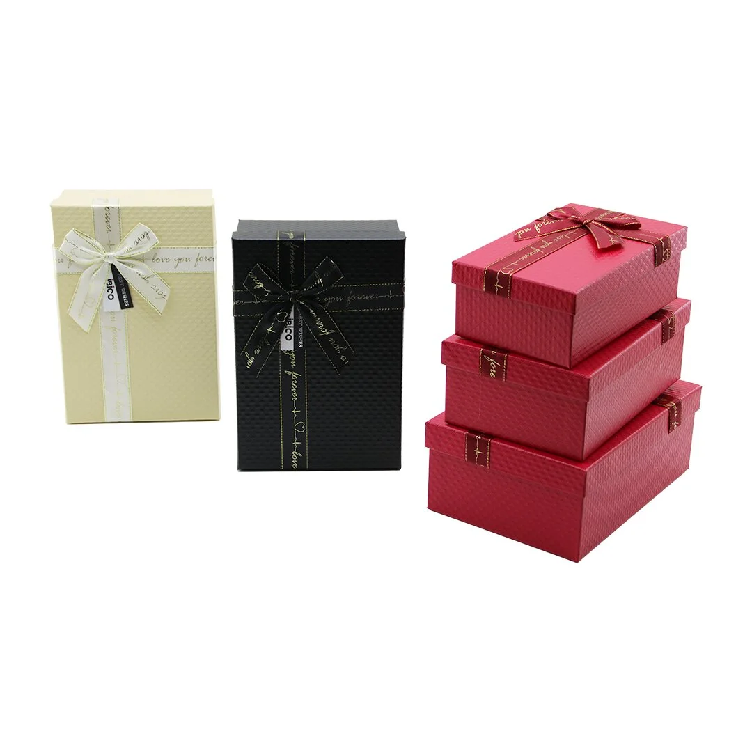 3PCS D.dörtgen Mat Mix Renkli - Kabartma Desen Karton Hediye Kutusu Kurdelalı 22.5X15.5-20.5X13.5-18.5X11.5CM