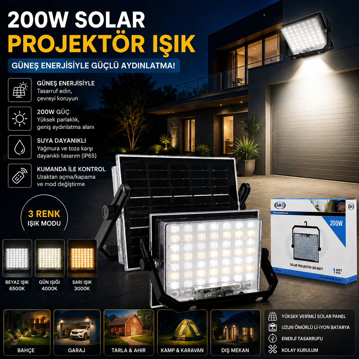200W Güneş Enerjili Led Işık Solar Projektör - Fener Kamp - Dış Mekan 3 Farklı Led Işık 348961 Lmb görsel 2
