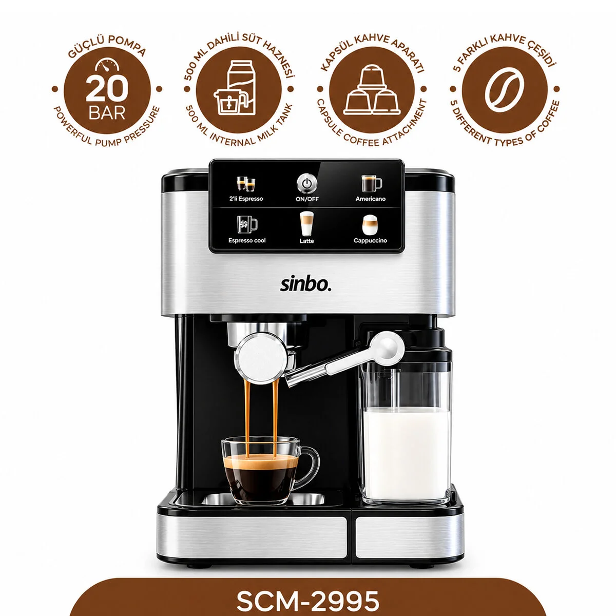 Siyah - Krom Espresso Kahve Makinesi 6 Farklı Kahve 1.5LT Su Hazne - 500ML Süt Hazne 1350W SCM-2995