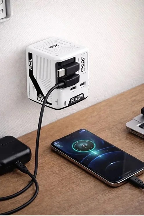GaN+ PD 40W Hızlı Şarj Adaptörü Çoklu Çıkış USB-C Lightning Kablolu Hızlı Şarj Cihazı Ev Ofis Uyumlu siyah görsel 3