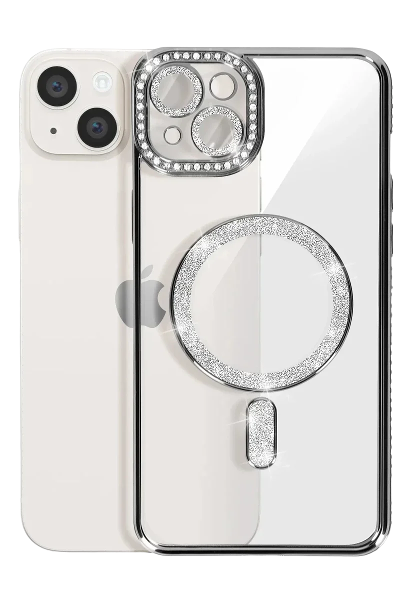 Apple iPhone 14 Kılıf Joke Simli Magneticsafe Kılıf - Gümüş görsel 3