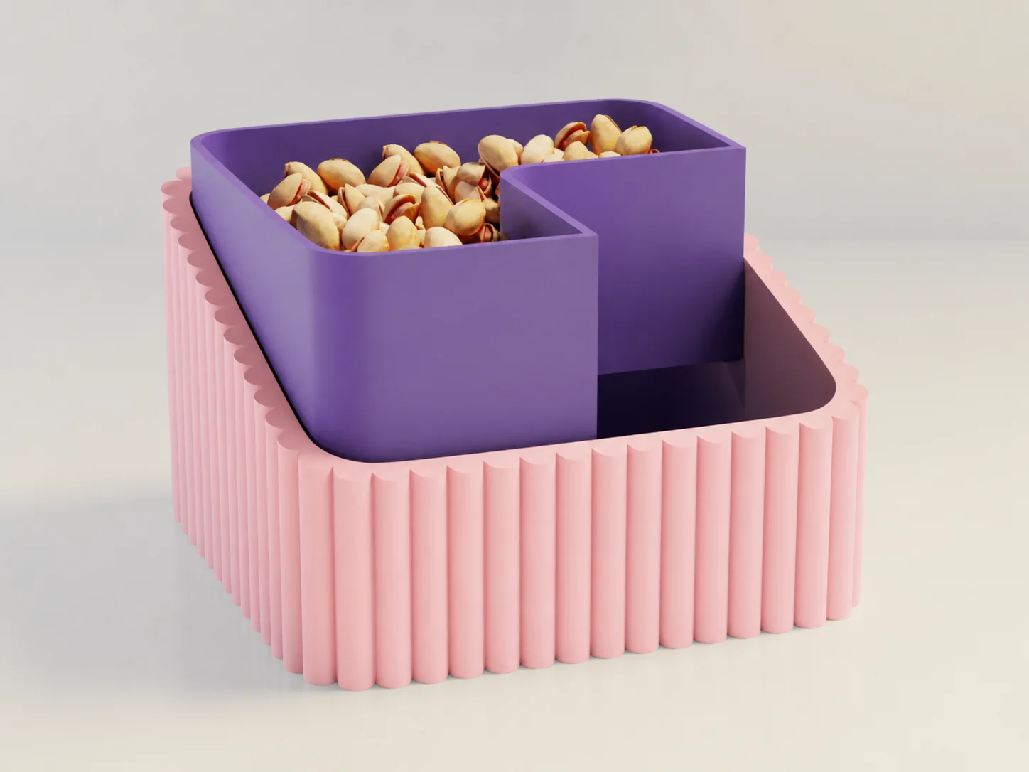 3D Baskı Fıstık Kasesi - Çift Hazneli Kabuk Ayırıcı Sunum Kasesi - Pembe Mor