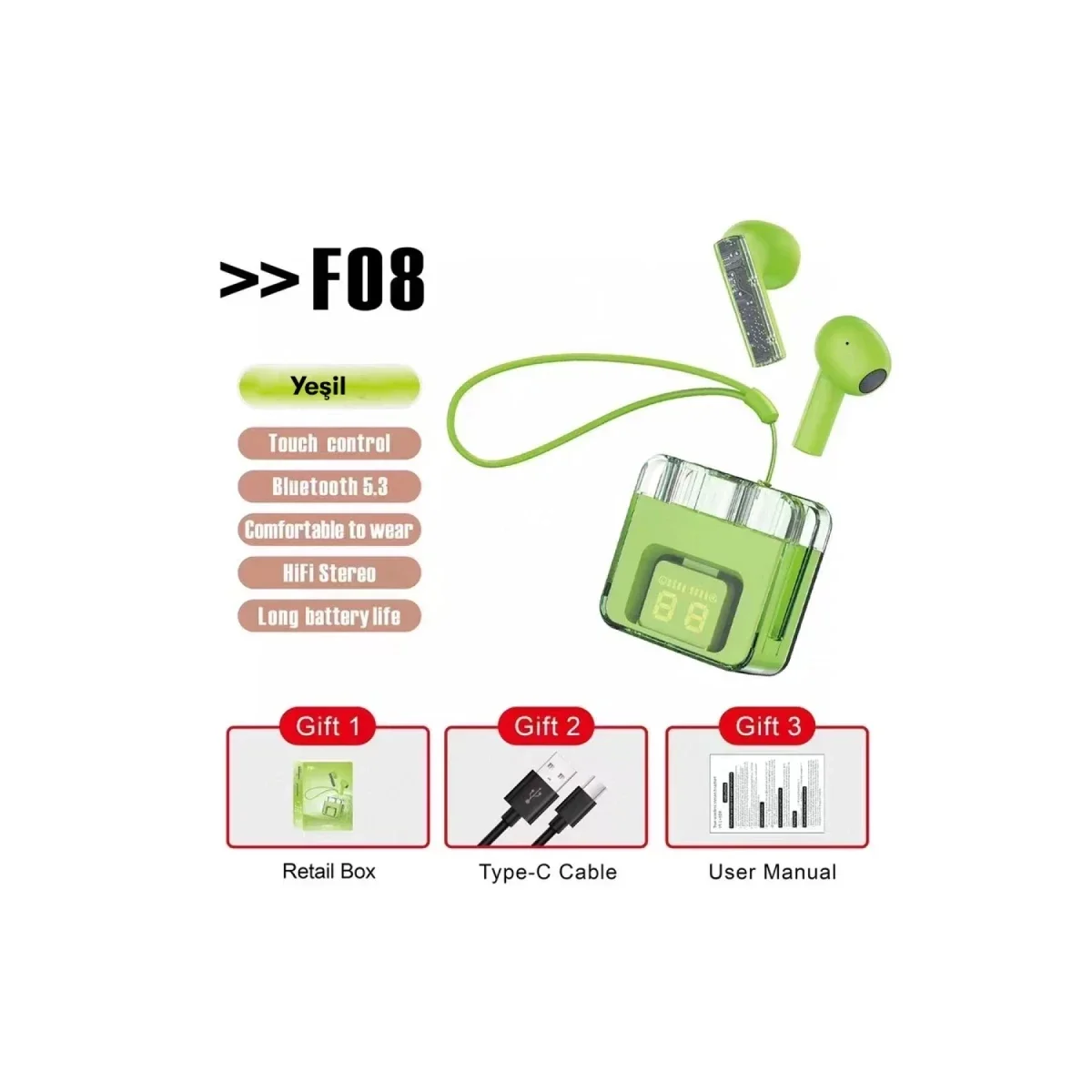 Karler Bass F08 Dijital Şarj Göstergeli TWS Bluetooth Kulaklık - Yeşil görsel 3