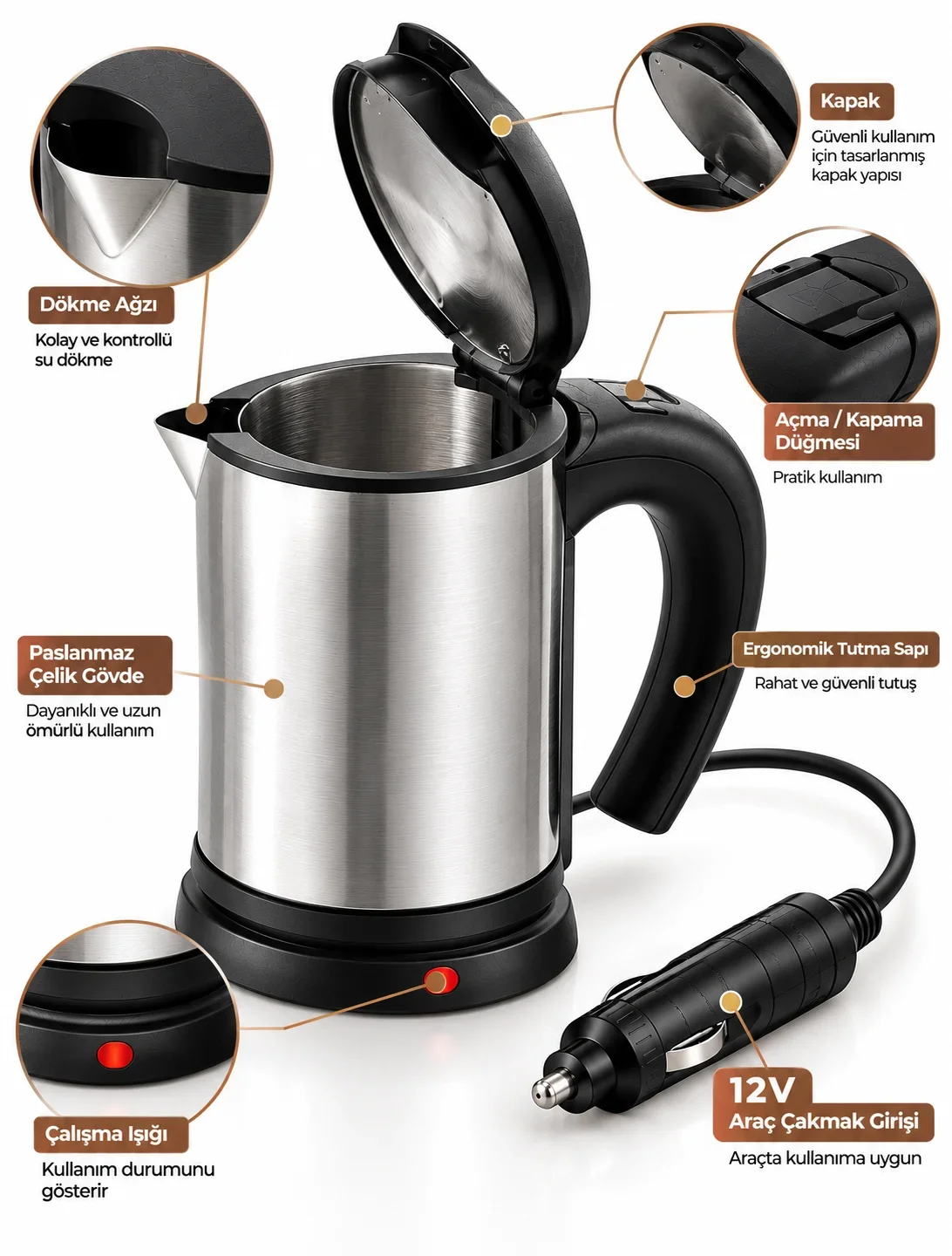 Araç İçi Kullanıma Uygun 12V Elektrikli Su Isıtıcı Paslanmaz Çelik Gövdeli Pratik Kettle görsel 2