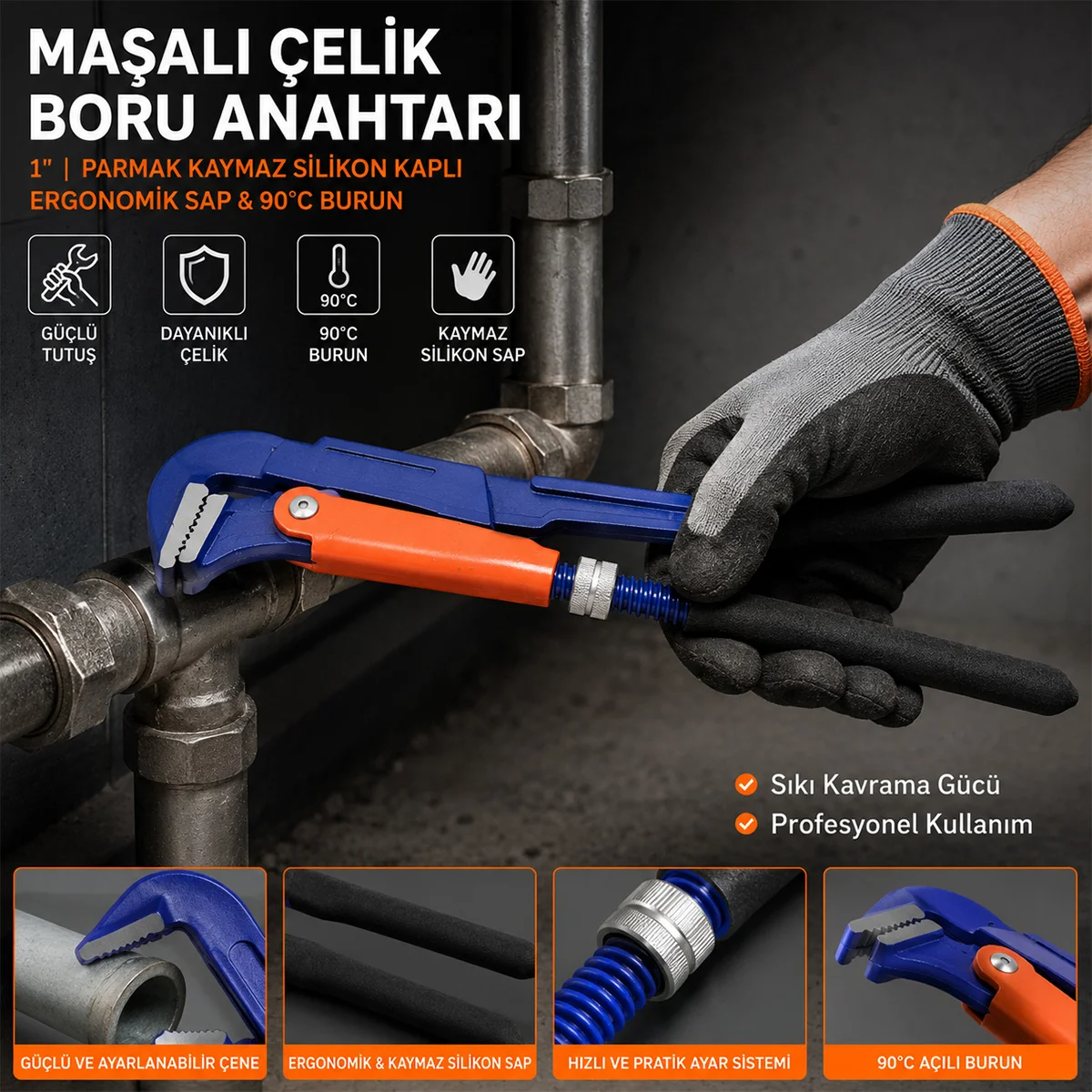 1 inç Çelik Boru Anahtarı (Silikon Saplı, 90° Maşalı) görsel 2