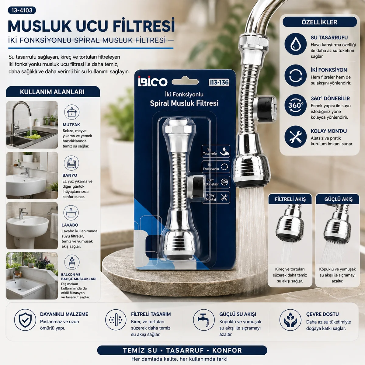 Musluk Ucu Filtresi 2 Fonksiyonlu 360° Dönebilen (16-19mm) görsel 2