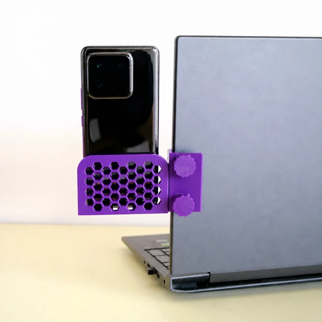 3D Baskı Monitor Telefon Tutucu - Petek Desenli Laptop Kenar Telefon Tutucu-Mor görsel 3