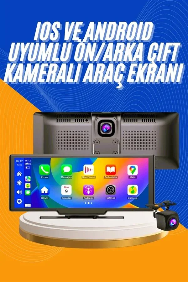 Android ve İOS Uyumlu Ön Arka Çift Kameralı Araç Ekranı Dokunmatik CarPlay görsel 2
