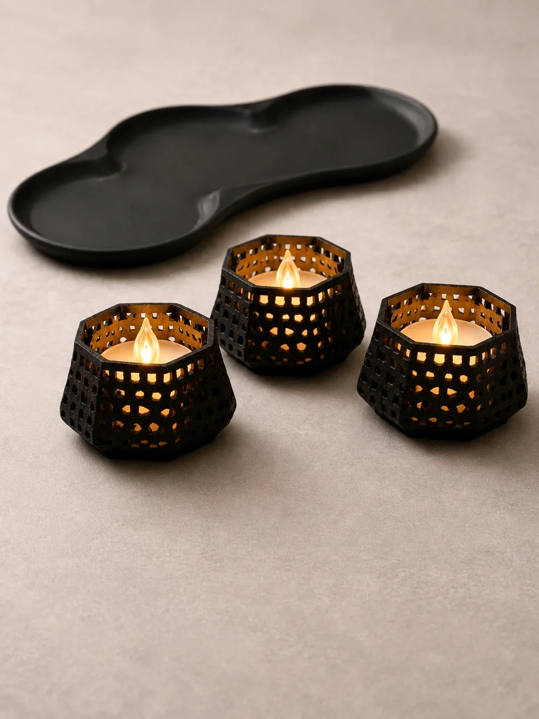 3D Baskı Dekoratif Mumluk Seti - Desenli Tealight ve Masaüstü Aydınlatma Objesi-Siyah görsel 2