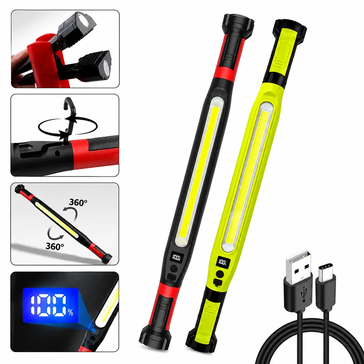Mıknatıslı Type-c Şarj - Dijital Gösterge 360° Dönebilen Gövde - Askı Kanca - Çift Renk - 52.5CM El Fener - Işıldak Çok Amaçlı Led Çalışma Lambası 4 Fonksiyon Renkli KL-D95