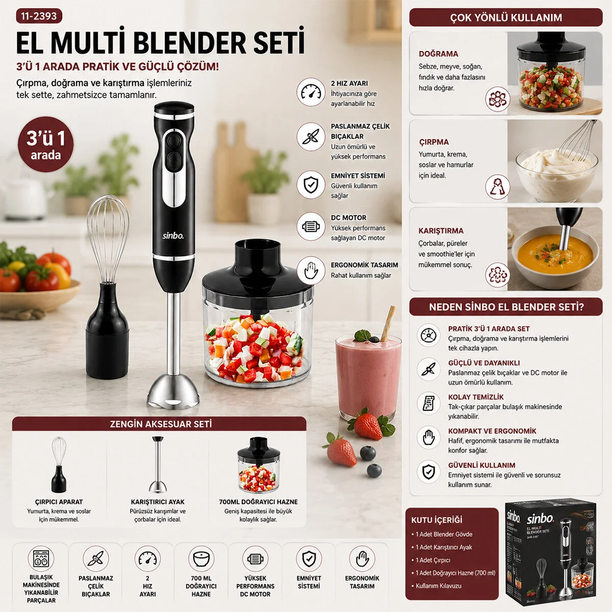 2HIZ Ayar - Paslanmaz Çelik Bıçak El Multi Blender Seti 700ML Hazneli SHB-7529 görsel 2