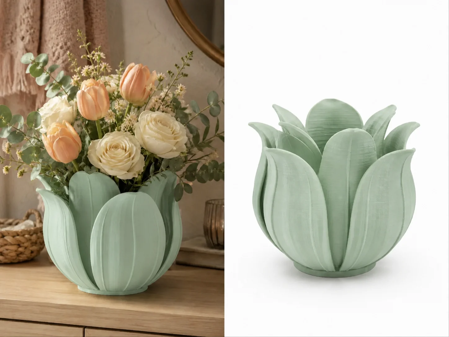3D Baskı Lotus Yapraklı Vazo - Dekoratif Çiçeklik-Mint