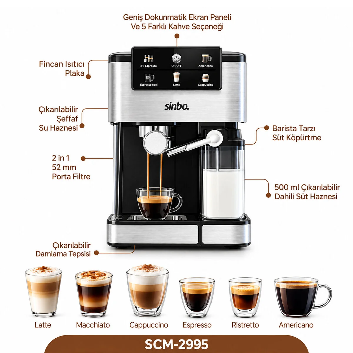 Siyah - Krom Espresso Kahve Makinesi 6 Farklı Kahve 1.5LT Su Hazne - 500ML Süt Hazne 1350W SCM-2995 görsel 2