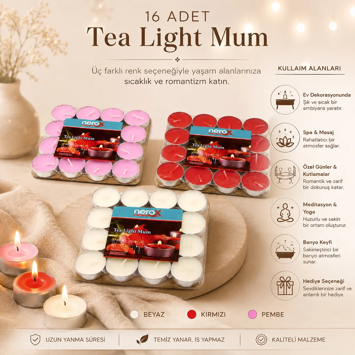 Renkli Yuvarlak Tea Light Mum 16'lı görsel 3