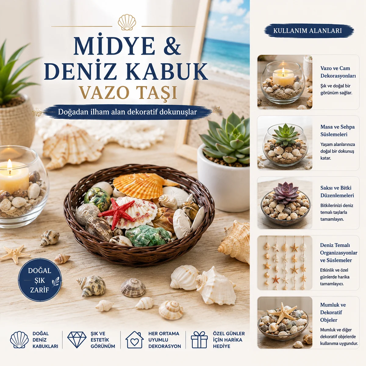 Midye ve Deniz Kabuklu Vazo Taşı - Yuvarlak Ahşap Sepet Uyumlu görsel 2
