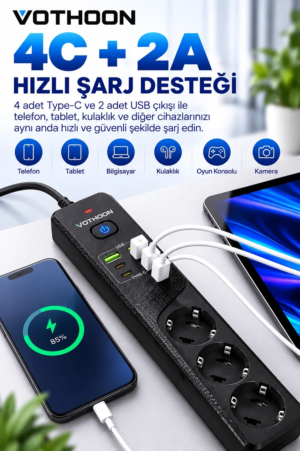 4’lü Akım Korumalı Çoklu Priz 4 Type-C 2 USB Girişli 4.2A Hızlı Şarj Destekli Priz 3000W görsel 2