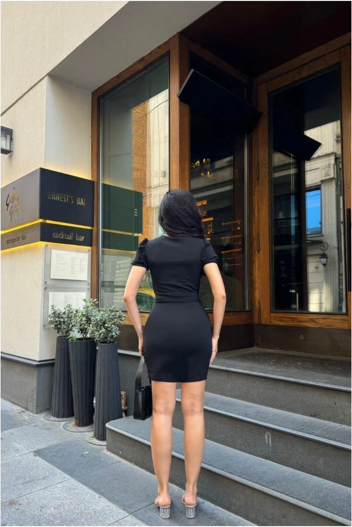 Kadın Özgün Tasarım Kare Yaka Mini Balon Kollu Elbise