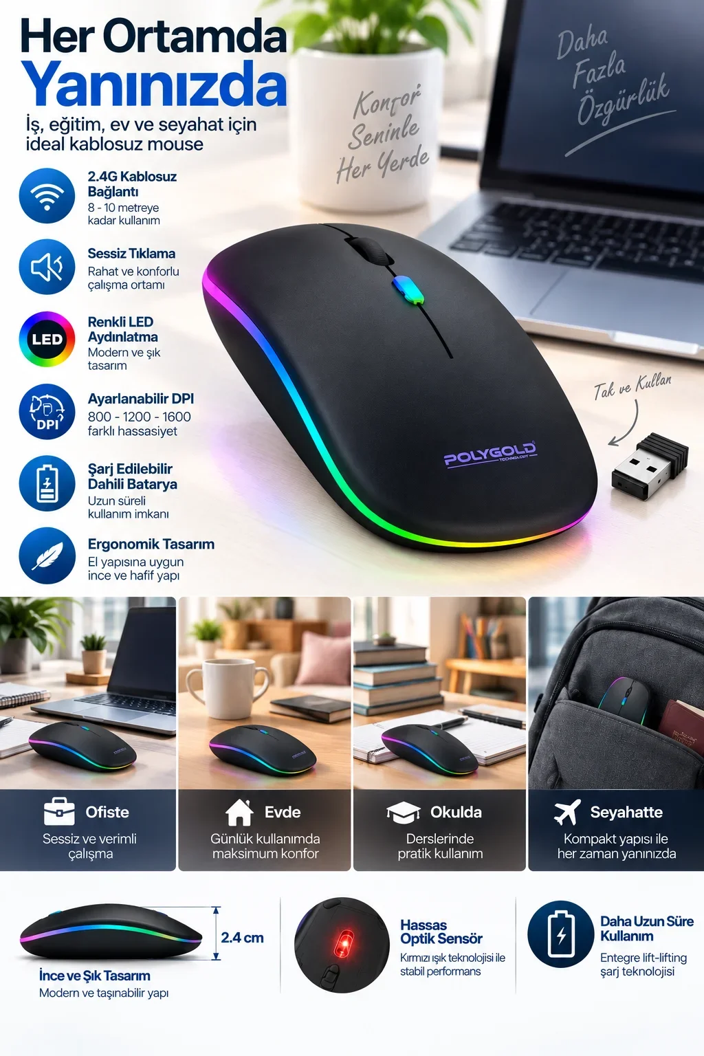 8 10 Metre Menzilli Şarj Edilebilir Kablosuz Mouse görsel 5