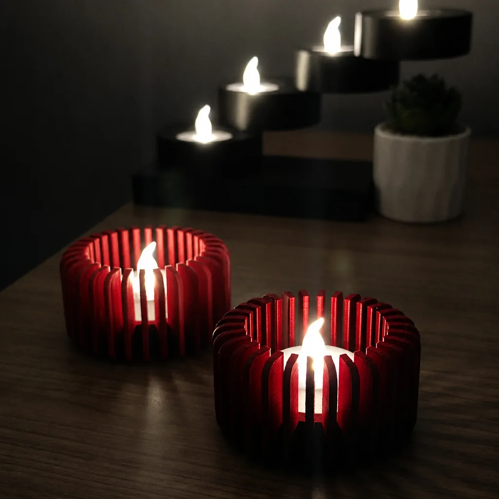 3D Baskı Modern Çizgili Mumluk - Tealight Mumluk (1 Adet)-Kırmızı görsel 3