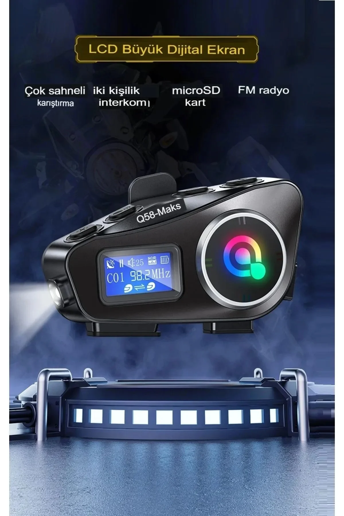 Q58-MAX Radyolu 2 Kişi Bağlantılı Bluetooth Kask Kulaklık Ekranlı Fenerli Müzik ve Telsiz Intercom görsel 6