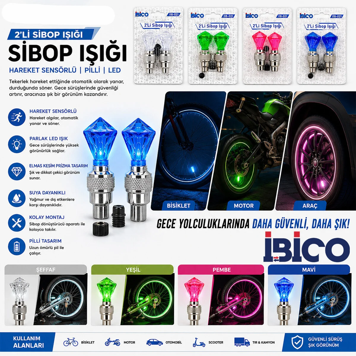 2PCS Yeşil Elmas Kesim Prizma Model Sibop Işık Pilli Bisiklet - Motor - Araç Hareket Sensörlü İ18-021 görsel 2